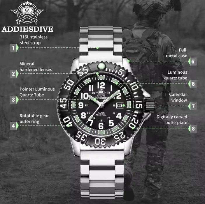 Reloj ADDIESDIVE Estilo Militar Acero Inox 50 Metros
