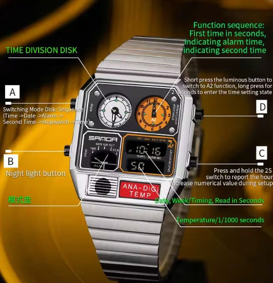 Reloj SANDA Cronógrafo Retro Digital Temp